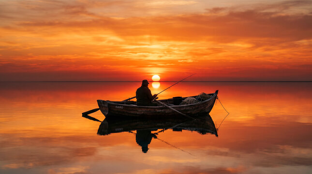 Pescador solitario en barca de madera silueteado contra un cielo rojo-naranja que se refleja perfectamente en un mar en calma absoluta.
