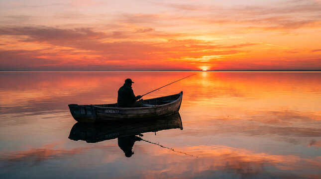 Pescador solitario en barca de madera silueteado contra un cielo rojo-naranja que se refleja perfectamente en un mar en calma absoluta.
