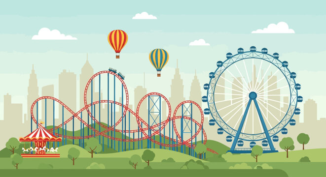 Colorful amusement park with ferris wheel and roller coaster, fun fair background