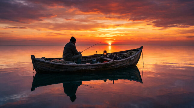 Pescador solitario en barca de madera silueteado contra un cielo rojo-naranja que se refleja perfectamente en un mar en calma absoluta.
