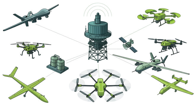 Drones connected to control tower, surveillance and monitoring concept, technology background