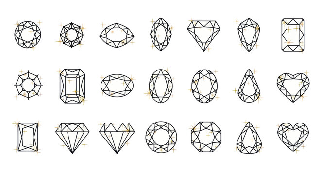 Collection of Diamond Cuts and Shapes Icons, Gemstone Facets Line Art