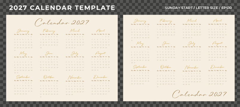 Elegant calendar 2027 yearly template set, week Sunday start, Set of 2 elegant beige vertical layouts