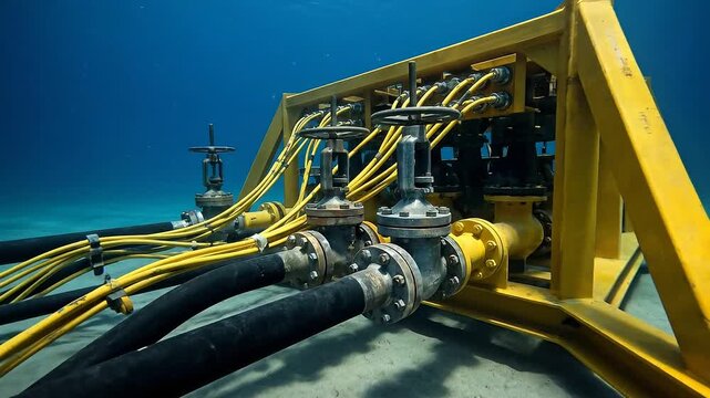 Underwater subsea structure with yellow cables and valves on the sea floor. Industrial equipment for subsea communication and oil extraction in deep ocean water.
