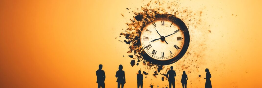 Silhouetted professionals stand beneath a large clock exploding with urgency, symbolizing the chaos of multitasking and time management under tight deadlines and workplace stress