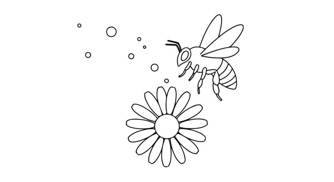 Cute cartoon bee flying near a flower with a smiling face and small floating bubbles in a simple line art style