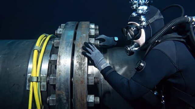 Diver man inspecting industrial pipeline underwater. Professional technician assessing communication cable and metallic flange on sea floor. Subsea engineering repair.
