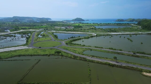 Aerial Mosaic Of Rice Fields And Tidal Lagoons With Intersecting Roads, Coastline And Distant Ocean, Morning Haze And Soft Light Reveal Irrigation Channels And Patchwork Paddies, Ideal