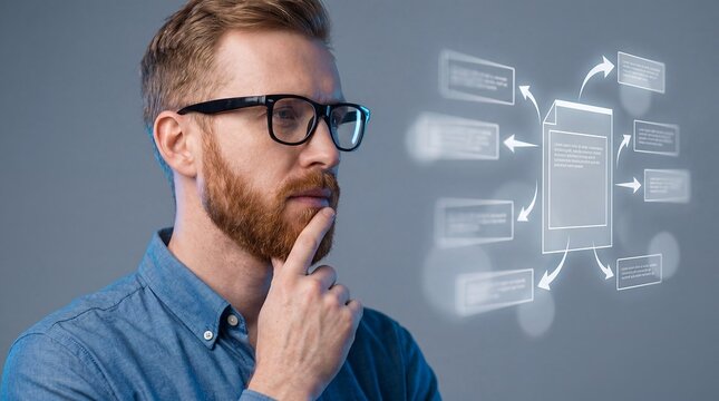 Thoughtful bearded man analyzing a glowing flowchart diagram for business planning on gray background