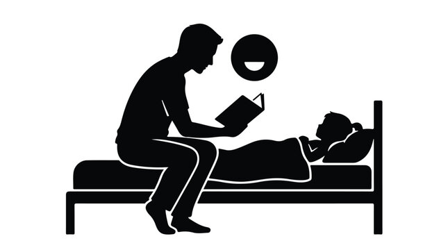 Silhouette of man reading to child in bed at night, peaceful bedtime storytime scene with thought bubble, illustration for parenting, education, and literacy concepts