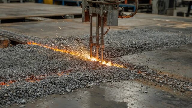 Medium shot of submerged arc welding on a thick metal plate with a visible flux bed generating bright sparks and molten slag during the long seam welding process. Closeup medium