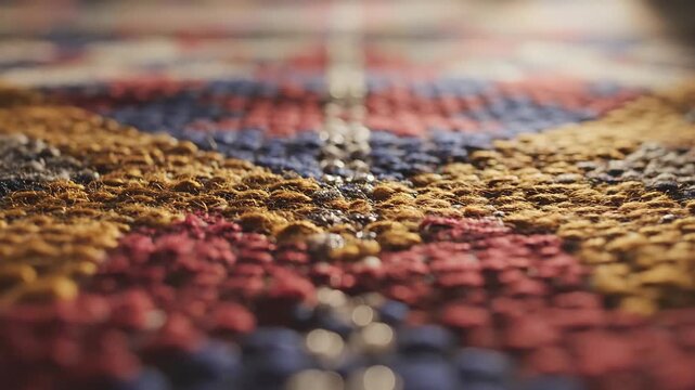 Macro close up of woven textile rug with crimson red ochre yellow fibers and warm sidelight