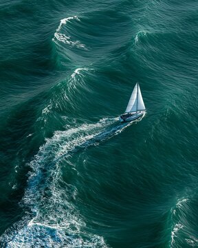 Focused medium drone perspective on a sailing vessel tracing a curved route through intricate emerald wave patterns with the expansive coastal bay gently out of focus emphasizing