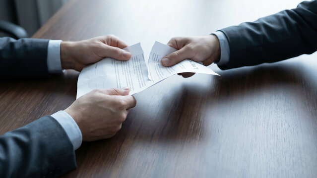 Dramatic Close Up of Two Businessmen Hands Tearing Contract Document Symbolizing Decisive Change and Bold Determination Perfect for Corporate Legal Advertising and Business Presentation
