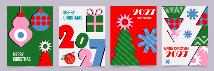 Fototapeta premium Set of modern retro geometric Christmas and New Year 2027 greeting card templates with festive ornaments, Christmas tree, gift box and decorative holiday elements in modern minimalist style