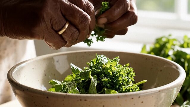Closeup of senior Black woman hands tearing fresh parsley into ceramic bowl in bright kitchen, healthy home cooking prep, natural light and rustic style