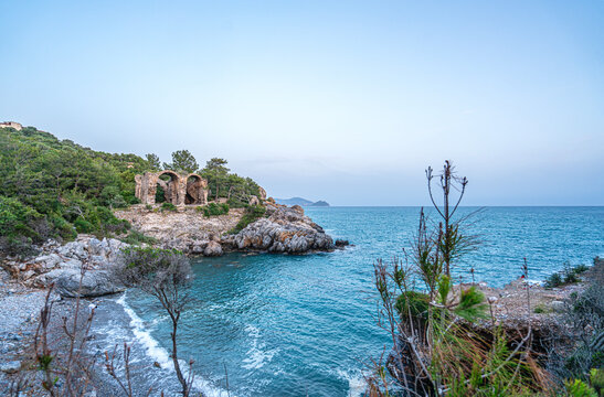 The scenic views of Aytap (iotape) is popular for camping, swimming in the natural caves, the local beaches, and the ancient ruins, located east of Alanya, in the Mediterranean Region, Turkey. 