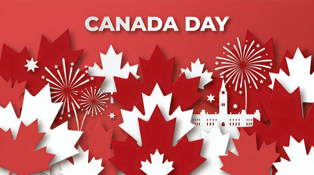 Canada day celebration with maple leaves fireworks and parliament hill
