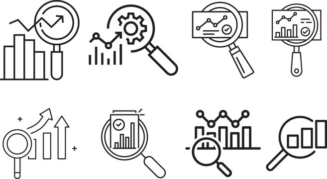 Data Analysis Icons: A collection of graphic icons representing data analysis, charts, graphs, and magnifying glasses, illustrating business insights and research.png