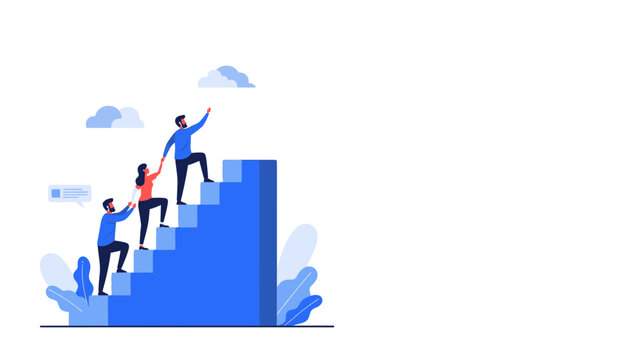 Collaborative Team Success professionals helping each other climb blue stairs on white background ideal for corporate presentations and leadership training materials.