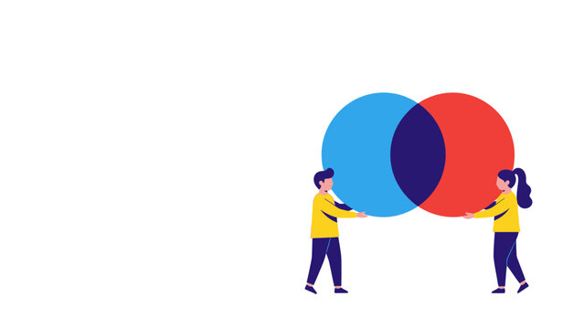 Collaborative Synergy Concept featuring flat illustration of man and woman holding overlapping blue and red circles forming a Venn diagram ideal for business presentations and teamwork.