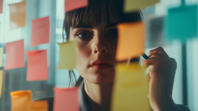 Young woman stands surrounded by colorful sticky notes, symbolizing multitasking and time management. Her focused expression highlights the stress and chaos of meeting tight work deadlines