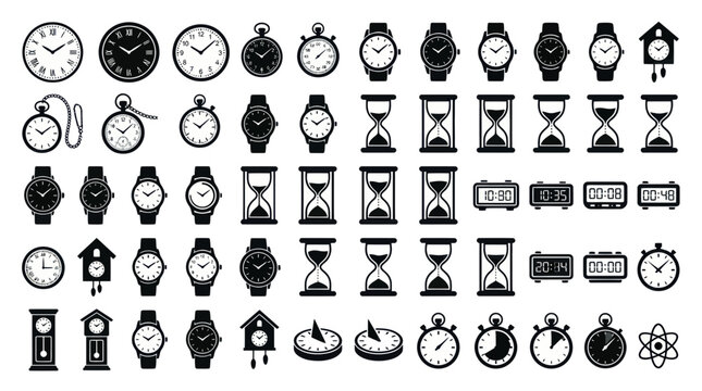 Collection of Timekeeping Devices: Clocks, Watches, Hourglasses, Stopwatches