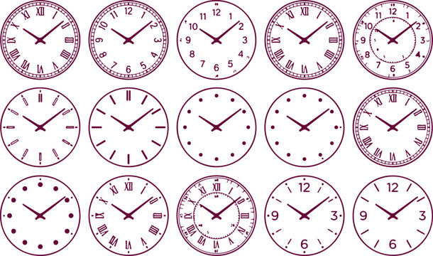 Collection of clock faces showing different designs with roman numerals and minute markers on transparent background.