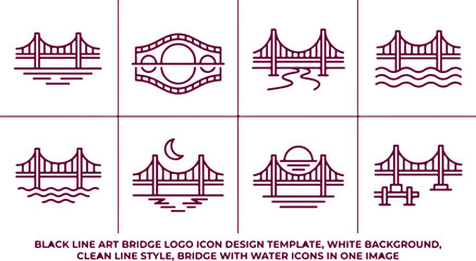Black line art bridge logo icon design template white background clean line style bridge with water icons in one image. © Sadhin