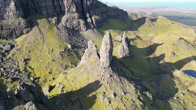 4K Rising Aerial Shot at Scenic Viewpoint, Old Man of Storr, Isle of Skye, Scotland