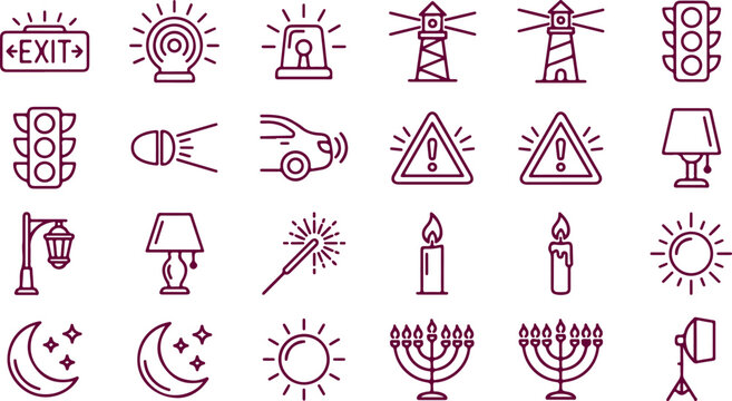 Set of warning safety and light icons exit sign traffic light lighthouse lamp candle sun moon sparkler.