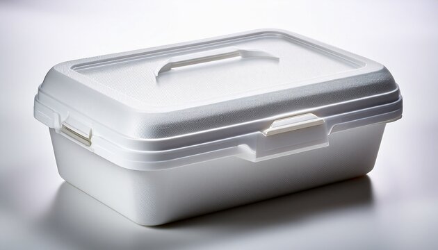 isolated shot showcasing a closed white polystyrene food cooler box on a stark backdrop