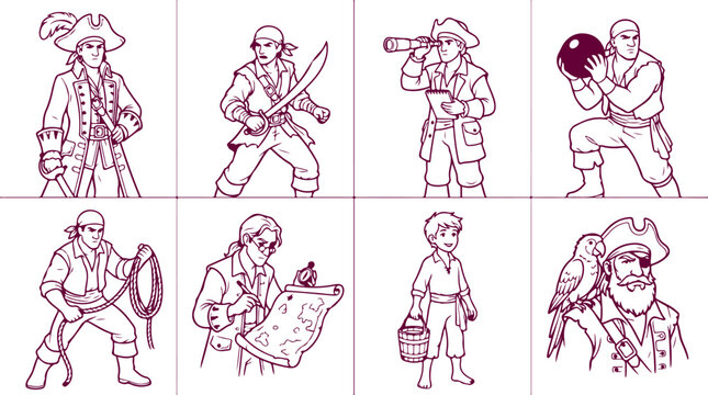 Pirate characters in various poses and actions like sailing fighting and navigating with map and spyglass pirate crew illustrations.