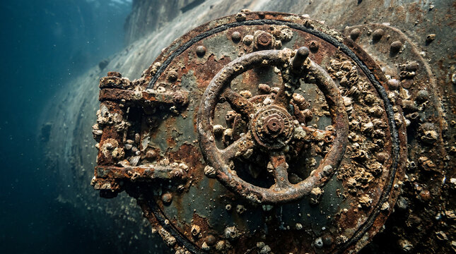 Close up textures on vintage iron naval sub hatch showing heavy rust and industrial wheel