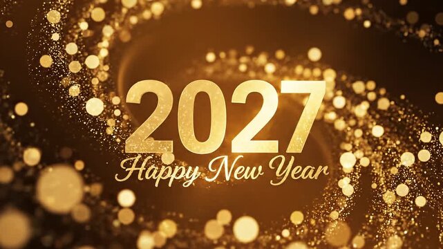 Golden text 2027 with happy new year message on swirling glitter background. Celebration motion graphic for holiday greeting card. Festive luxury seasonal element.