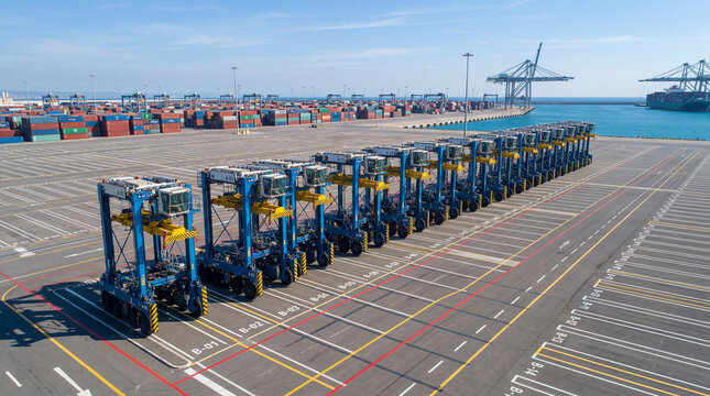 Symmetrical row of automated straddle carriers parked neatly inside vast empty cargo seaport shipping terminal