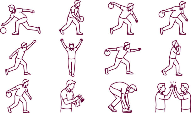 Bowling game sequence of actions including rolling ball preparing to throw and celebrating victory.