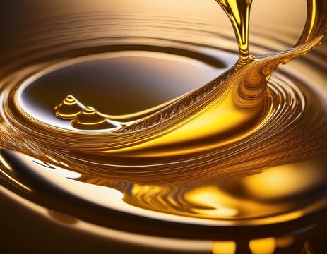 this close up captures the continuous anointing oil flow of a thick golden oil onto a smooth reflective surface emphasizing its texture and rich color