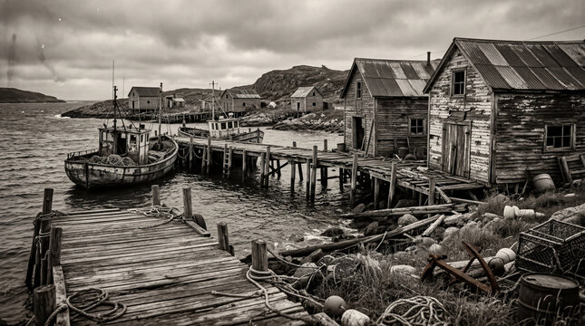 Nostalgic retro maritime harbor scene containing run down coastal docks covered in chipping paint textures