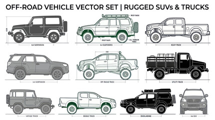 Off-Road Vehicle Vector Set: Rugged SUVs, Trucks, and 4x4s © nafal