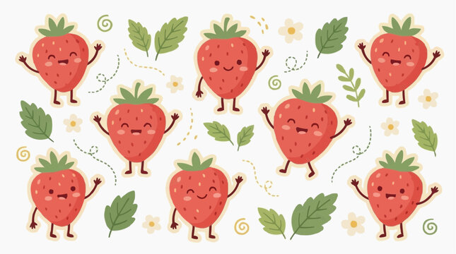 A collection of happy cartoon strawberries with faces and arms, surrounded by leaves and flowers, for the concept of joyful fruit.