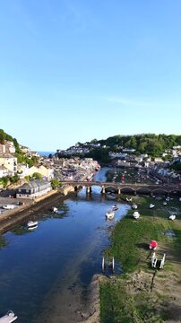 Looe Town Bridge River and Sea Aerial 4K