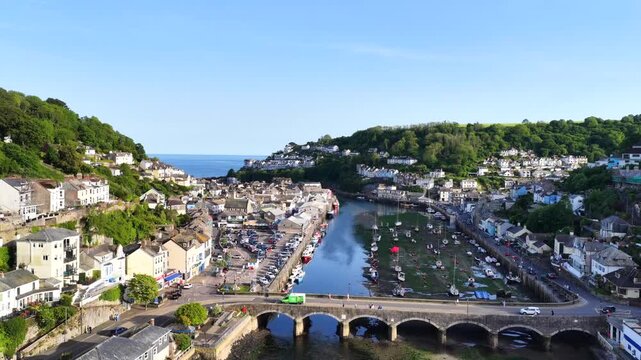 Looe Town Bridge River and Sea Aerial 4K