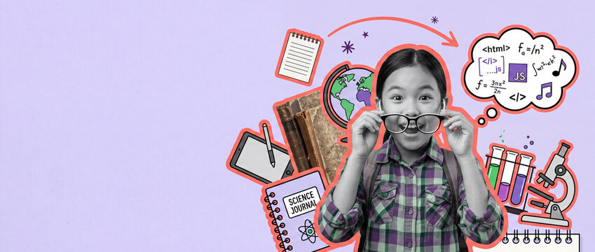 Happy schoolgirl with glasses surrounded by science and coding doodles, STEM education banner with copy space