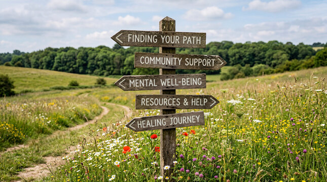 Rustic information guide marker displaying multiple choices for lost hikers exploring rural countryside fields paths