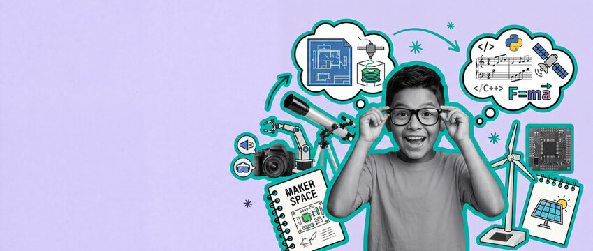 Excited young boy holding glasses surrounded by engineering, space and robotics icons, modern makerspace and STEM banner