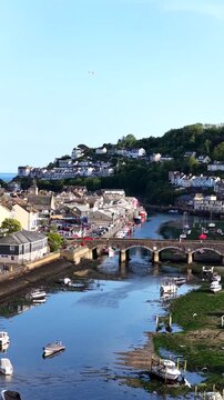 Looe Town Bridge River and Sea Aerial 4K