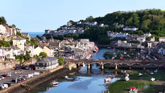 Looe Town Bridge River and Sea Aerial 4K