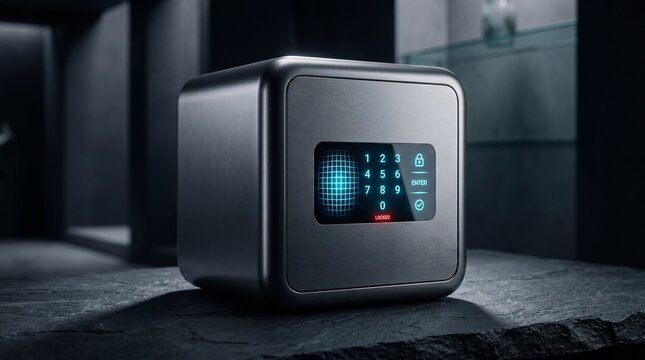 Advanced Smart Security Deposit Vault Displaying Modern Minimalist Neon Access Controls Activated By Fast Touch