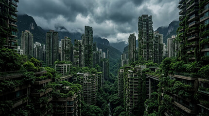 Obraz premium Moody overcast sky over dense vertical forest city with deep rich green natural color tones